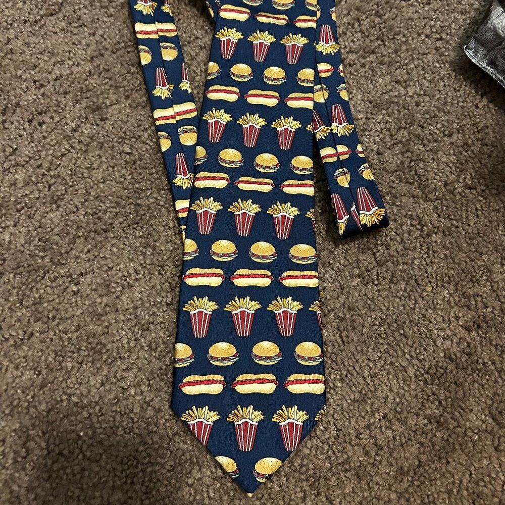 Utopia Novelty Neck Tie - Hamburger, Hot Dog & French Fries Print Silk